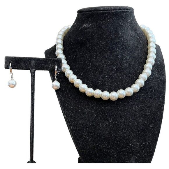 Large Faux Pearl 16" Necklace Sterling Silver Clasp With Pierced Pearl Earrings - Picture 1 of 8